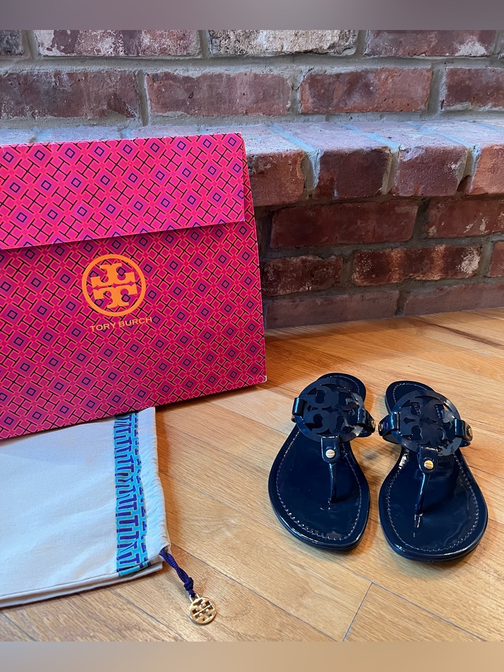 Tory Burch Navy Blue Patent Leather Miller Sandals